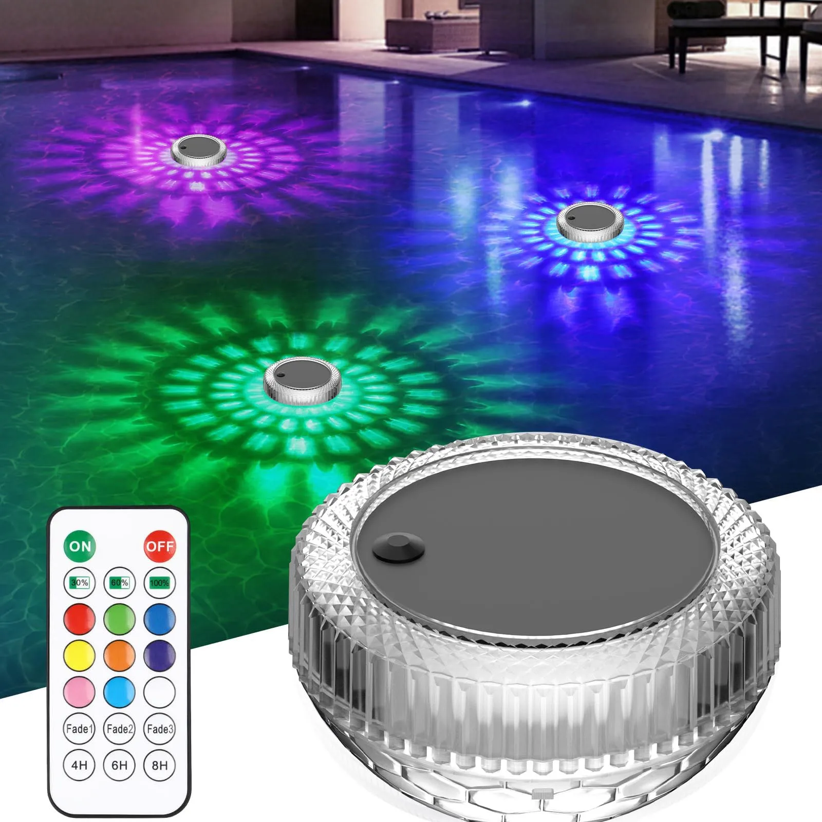 Solar Pool Lights Romote Control and Timer IP68 Waterproof Automatic Darkness-Sensing Light for Pool SPA Party
Solar Pool Lights Romote Control and Timer IP68 Waterproof Automatic Darkness-Sensing Light for Pool SPA Party