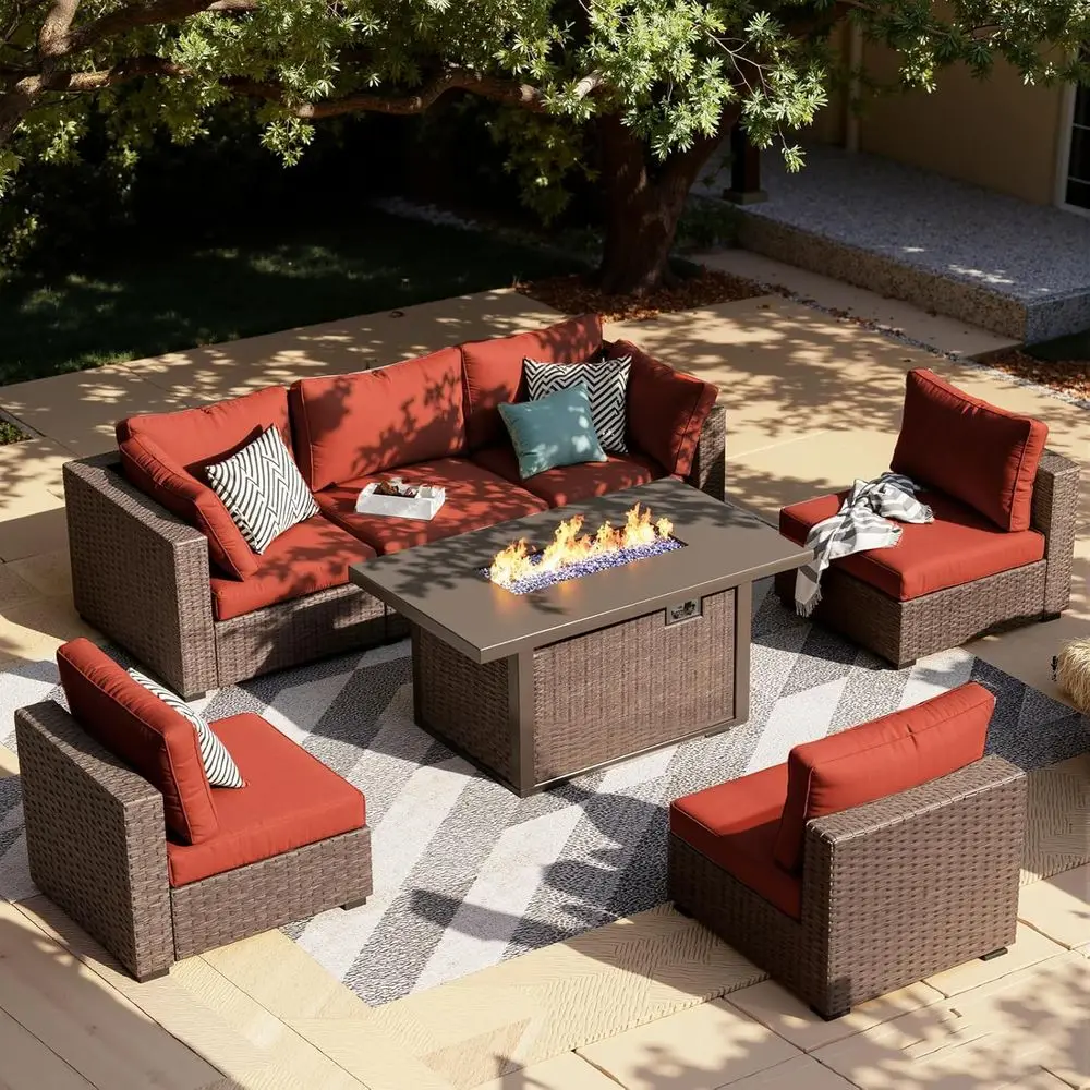 7-Piece Outdoor Patio Sectional Sofa Set with 44 Propane Fire Pit Table, Red Cushioned for Backyard, Poolside, Garden
7-Piece Outdoor Patio Sectional Sofa Set with 44 Propane Fire Pit Table, Red Cushioned for Backyard, Poolside, Garden