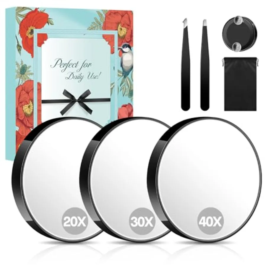 Magnifying Mirror 40X/30X/20X, 3.5 Inch Round Compact Mirror with Suction Cup, 2Ps Stainless Steel Tweezers, Perfect for Makeup
Magnifying Mirror 40X/30X/20X, 3.5 Inch Round Compact Mirror with Suction Cup, 2Ps Stainless Steel Tweezers, Perfect for Makeup