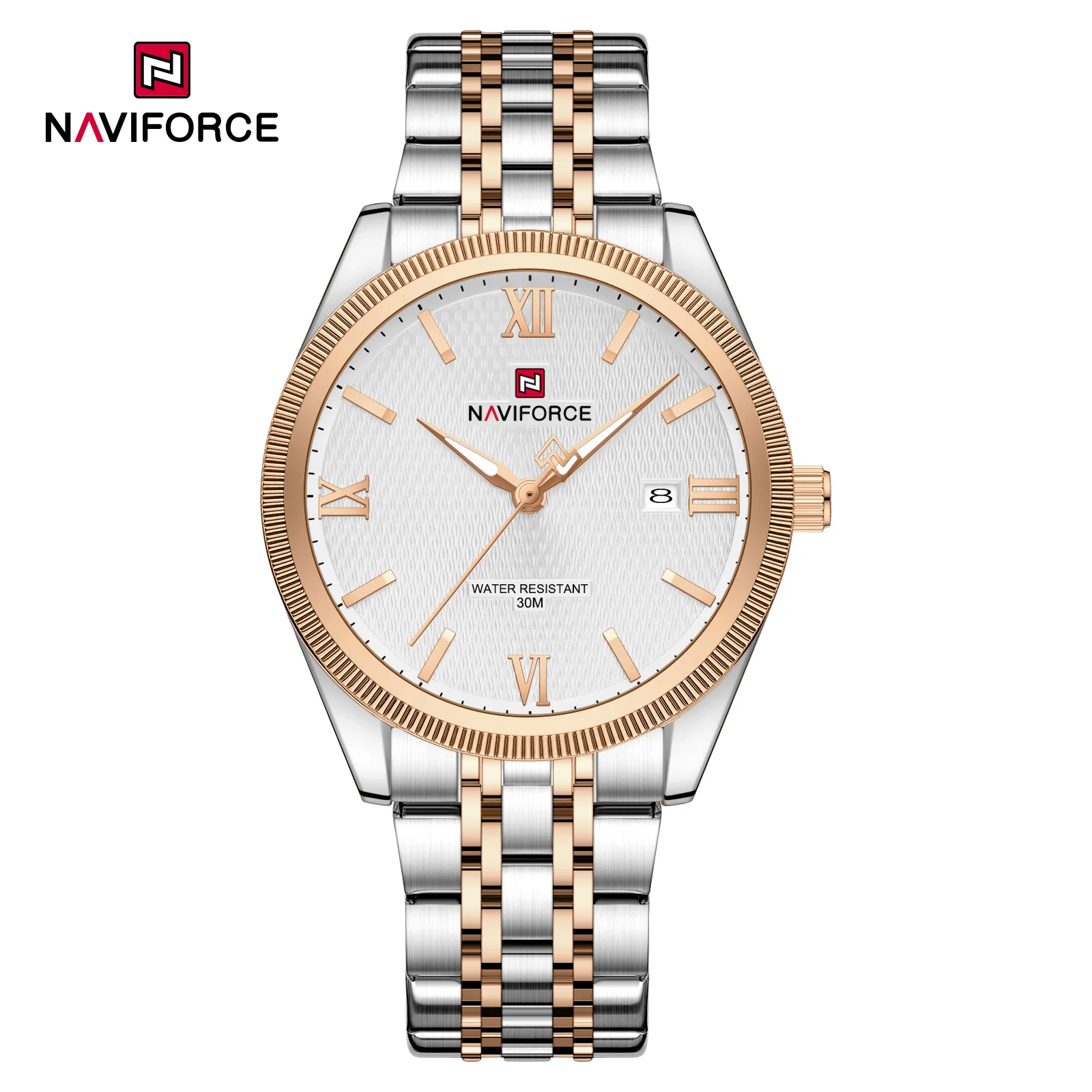 NAVIFORCE Classic Simple Tough Shi Ying Men's watch Room Gold Steel Band White Texture Dial Calendar Man Watches Luminous Hands
NAVIFORCE Classic Simple Tough Shi Ying Men's watch Room Gold Steel Band White Texture Dial Calendar Man Watches Luminous Hands