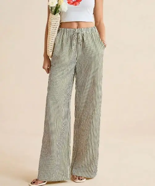 Casual Loose Striped Printed High Waisted Lace Up Straight Leg Pants for Summer Women, Slim Fit Loose Striped Loose Pants 
Casual Loose Striped Printed High Waisted Lace Up Straight Leg Pants for Summer Women, Slim Fit Loose Striped Loose Pants