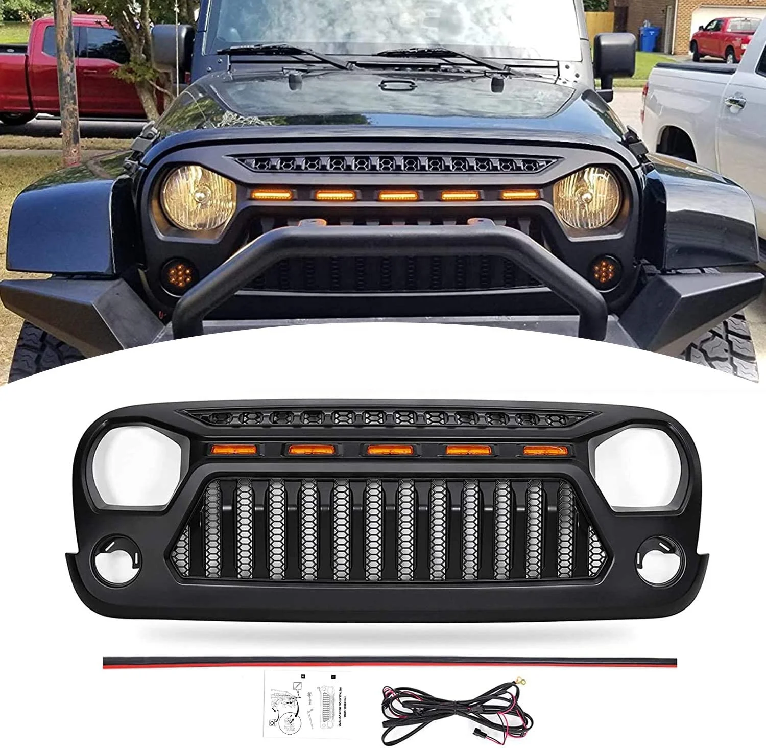Grill for Jeep Wrangler JK Accessories 2007-2018 Matte Black Angry Face Grill with 5 Amber Lights for Jeep Rubicon Sahara Sport
Grill for Jeep Wrangler JK Accessories 2007-2018 Matte Black Angry Face Grill with 5 Amber Lights for Jeep Rubicon Sahara Sport