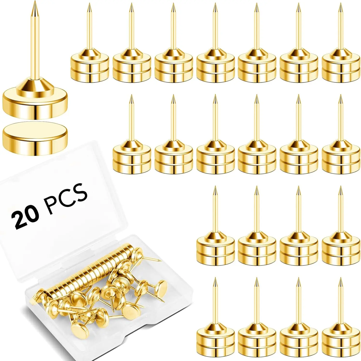 20 Set Magnetic Push Pins, Flat Thumb Tacks for Wall, Bulletin Board, Poster Hangers (Gold)
20 Set Magnetic Push Pins, Flat Thumb Tacks for Wall, Bulletin Board, Poster Hangers (Gold)