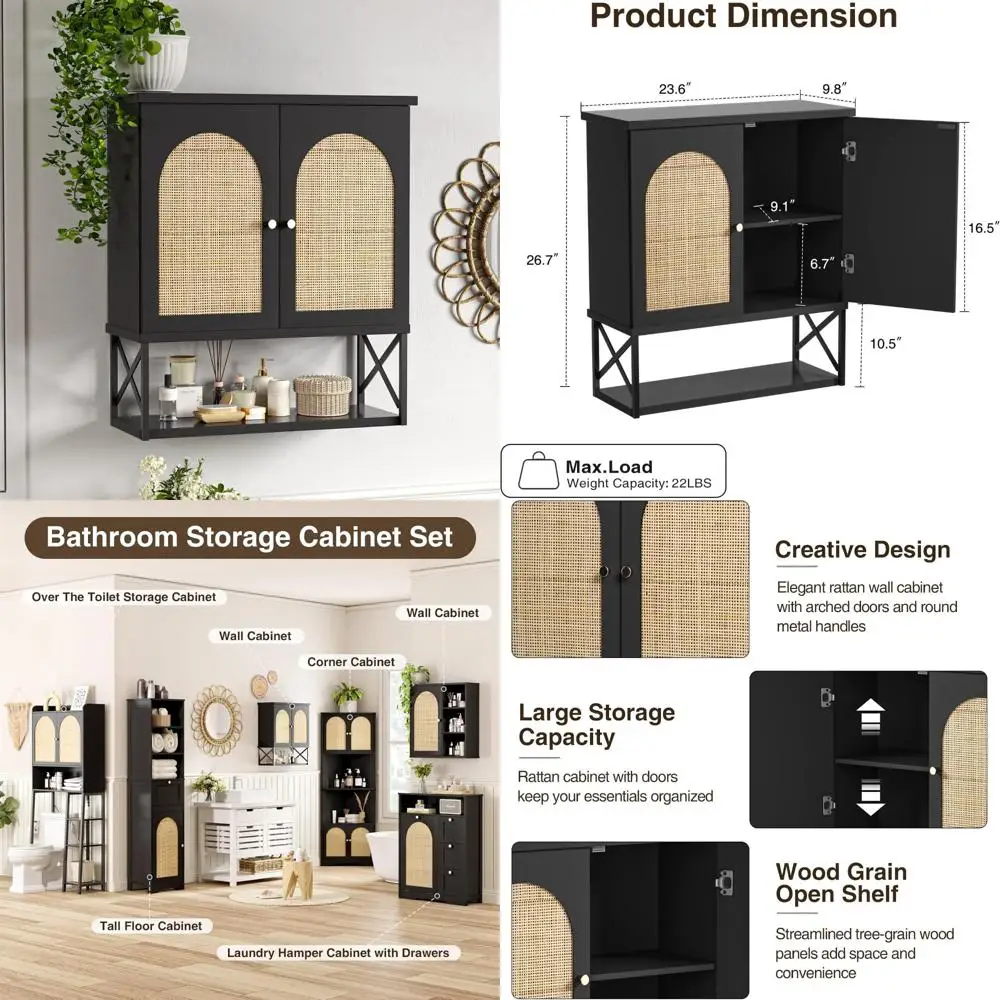 "double-door bohemian style rattan wall cabinet with adjustable shelves for bathroom and kitchen"
"double-door bohemian style rattan wall cabinet with adjustable shelves for bathroom and kitchen"