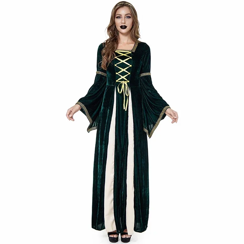 Хэллоуин для взрослых, средневековое королевское ретро-придовое платье европейской королевы, сценическое представление, темно-зеленый костюм благородной принцессы 
Хэллоуин для взрослых, средневековое королевское ретро-придовое платье европейской королевы, сценическое представление, темно-зеленый костюм благородной принцессы