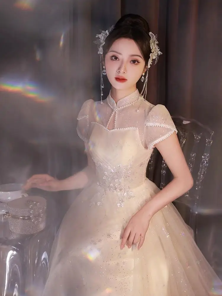Women Long Princess Champange Evening Dresses A-Line Tulle Pearls High Collar Appliques Beading Formal Party Gown Robe De Soiree
Women Long Princess Champange Evening Dresses A-Line Tulle Pearls High Collar Appliques Beading Formal Party Gown Robe De Soiree