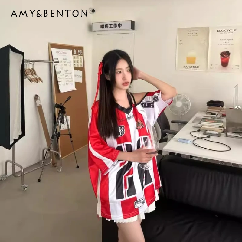 American Street Contrasting Stripes V-neck Jersey Design Sense Loose Off-the-shoulder Top Short-sleeved T-shirt For Women
American Street Contrasting Stripes V-neck Jersey Design Sense Loose Off-the-shoulder Top Short-sleeved T-shirt For Women