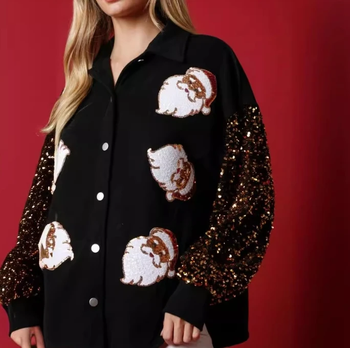 Santa Claus Decoration Long Sleeved Button Down Shirt with Sequined Sleeves Women's Coat 2025 Autumn Winter New Fashion Casual
Santa Claus Decoration Long Sleeved Button Down Shirt with Sequined Sleeves Women's Coat 2025 Autumn Winter New Fashion Casual