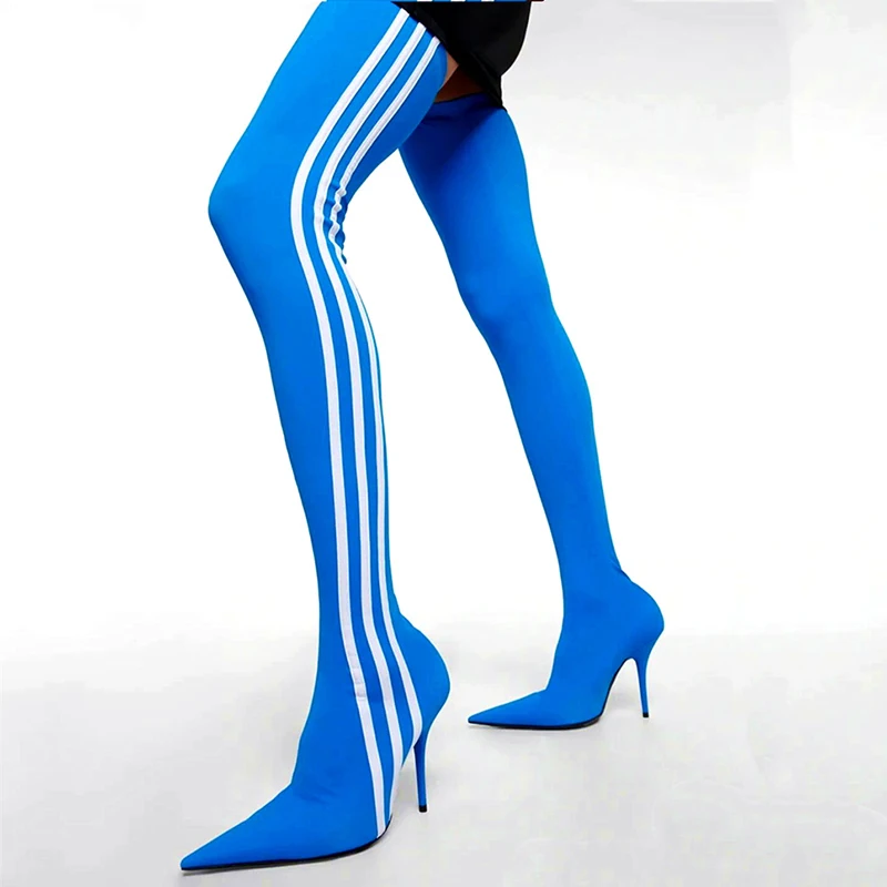 Skintight Stretch Wide Leg Fit Women's Super Long Boots Thigh High Custom Booties 3 White Stripes Stiletto Heels Shoes
Skintight Stretch Wide Leg Fit Women's Super Long Boots Thigh High Custom Booties 3 White Stripes Stiletto Heels Shoes