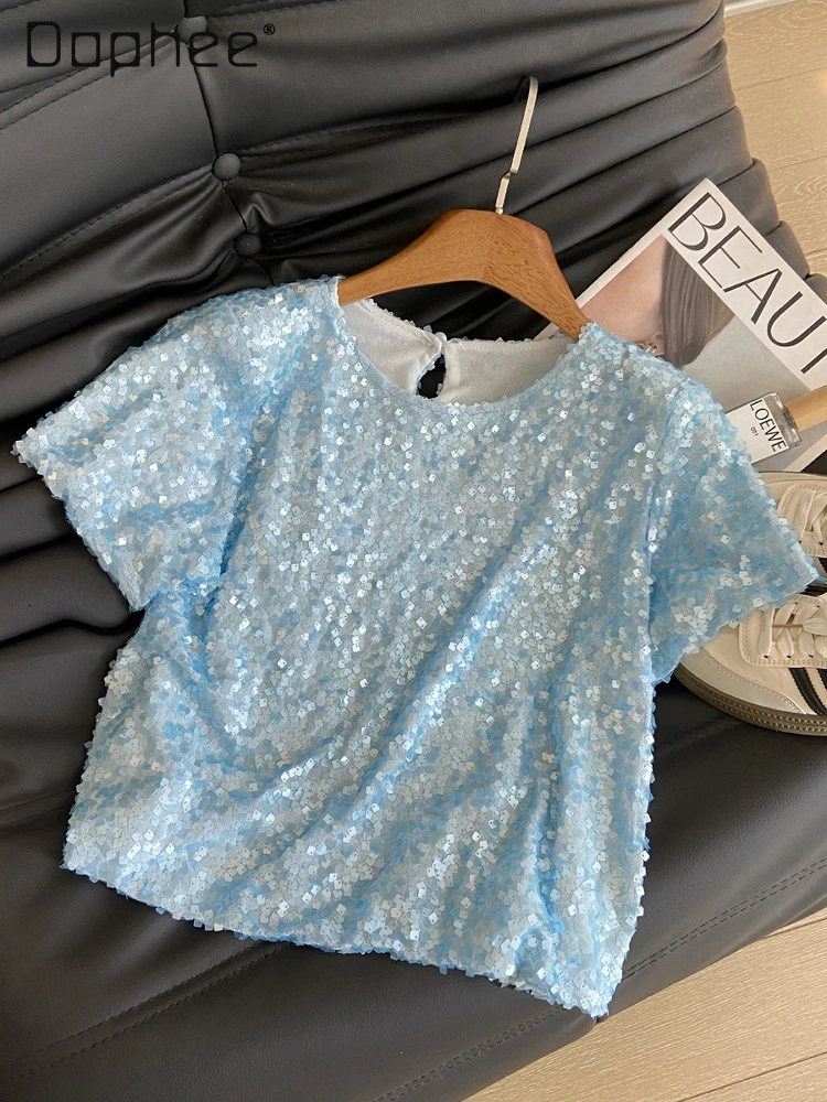 Summer Korean Versatile Chic Heavy Industry Sequin Crew Neck Short Sleeve Mesh T-Shirt Women Office Lady Trendy Women Clothing
Summer Korean Versatile Chic Heavy Industry Sequin Crew Neck Short Sleeve Mesh T-Shirt Women Office Lady Trendy Women Clothing