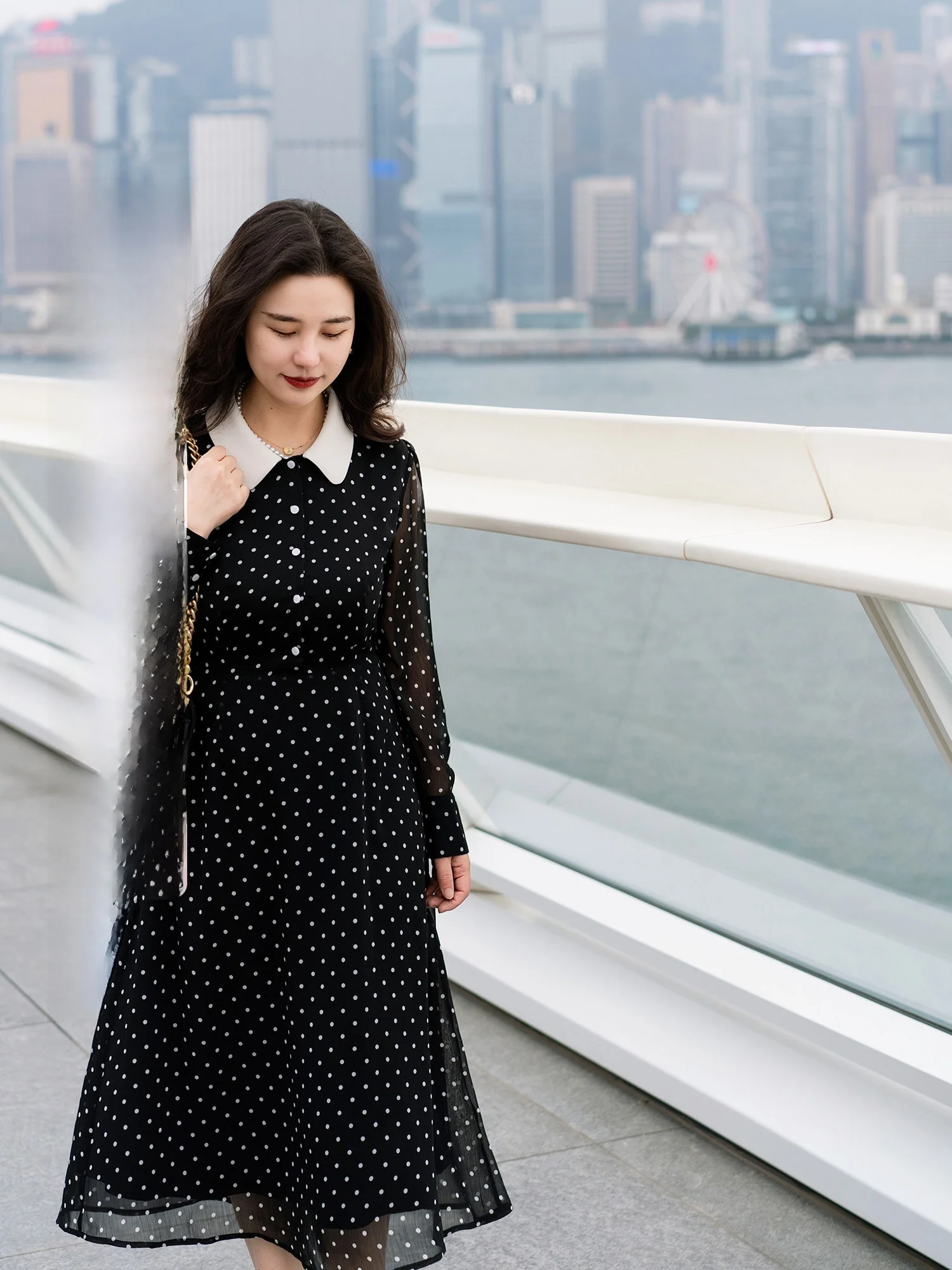 Black Polka Dot Shawl Collar Midi Dress by Apipedream Spring 2025 Collection Casual Style High Waist A-Line Skirt Long Sleeve
Black Polka Dot Shawl Collar Midi Dress by Apipedream Spring 2025 Collection Casual Style High Waist A-Line Skirt Long Sleeve