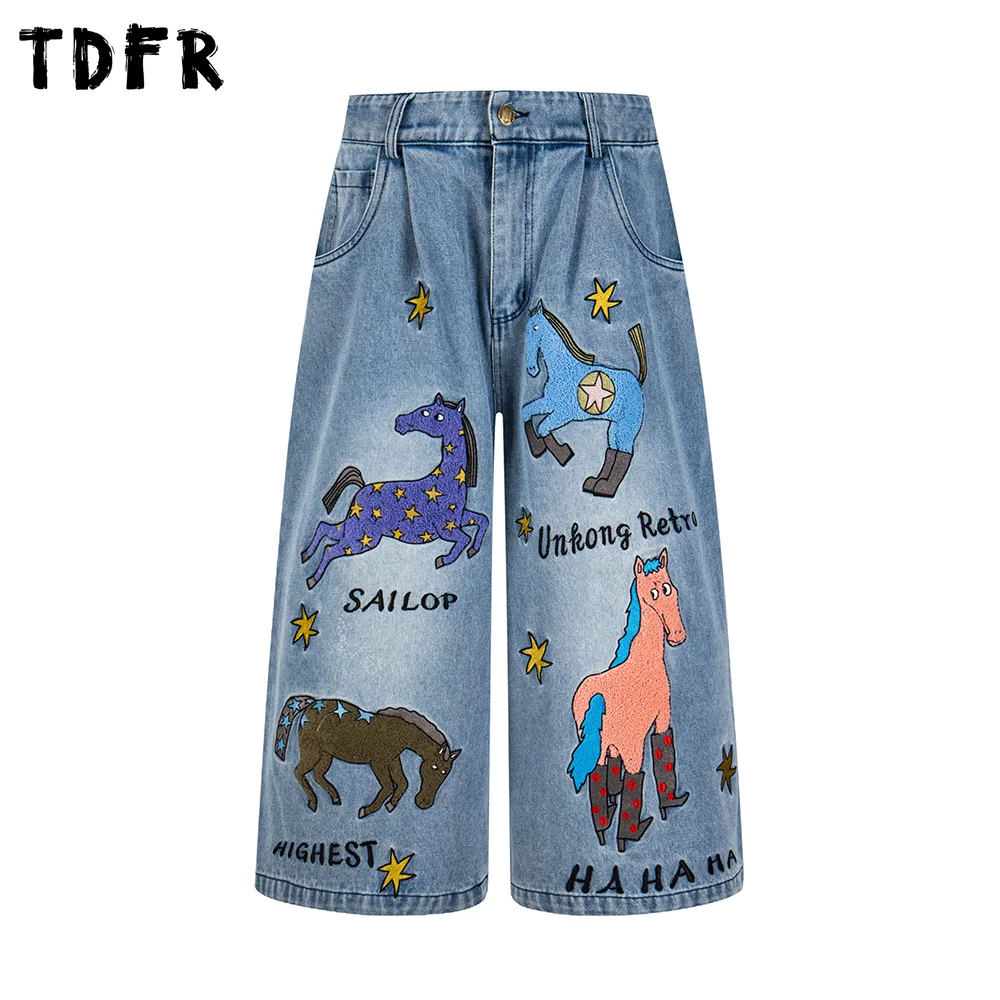 Cartoon Embroidery Denim Shorts Mens Summer Retro Casual Elastic Waist Baggy Wide leg Calf-length Pants Man Jeans
Cartoon Embroidery Denim Shorts Mens Summer Retro Casual Elastic Waist Baggy Wide leg Calf-length Pants Man Jeans