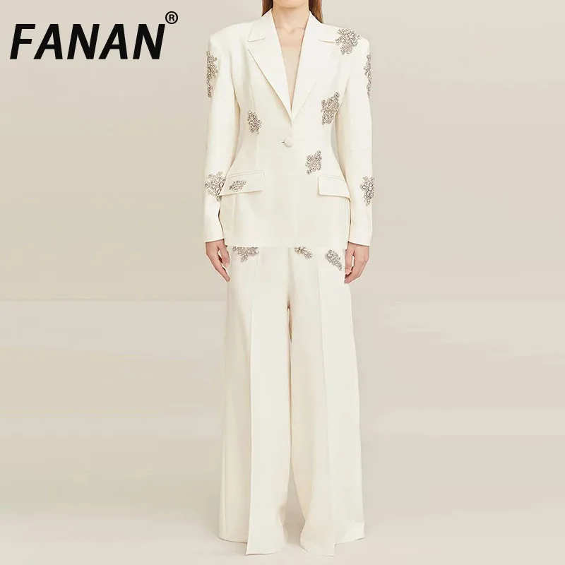 FANAN Fashion Women 2 Pcs Set Notched Collar Long Sleeve Diamond Setting Blazer High Waist Loose Pants Elegant Suit Spring 2025
FANAN Fashion Women 2 Pcs Set Notched Collar Long Sleeve Diamond Setting Blazer High Waist Loose Pants Elegant Suit Spring 2025