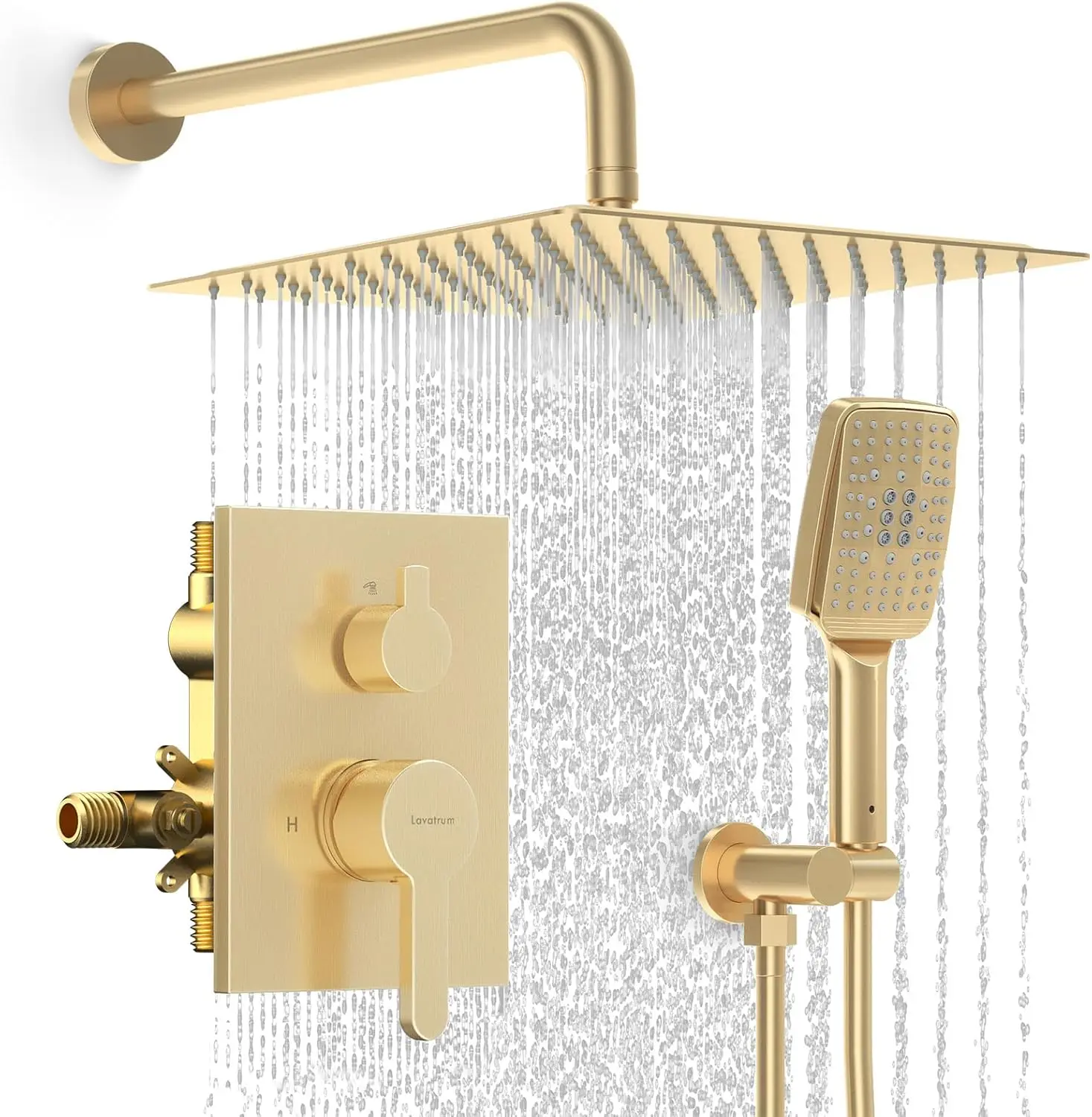12 Inch Rain Shower System with Handheld, Pressure Balance Valve, Brushed Gold
12 Inch Rain Shower System with Handheld, Pressure Balance Valve, Brushed Gold