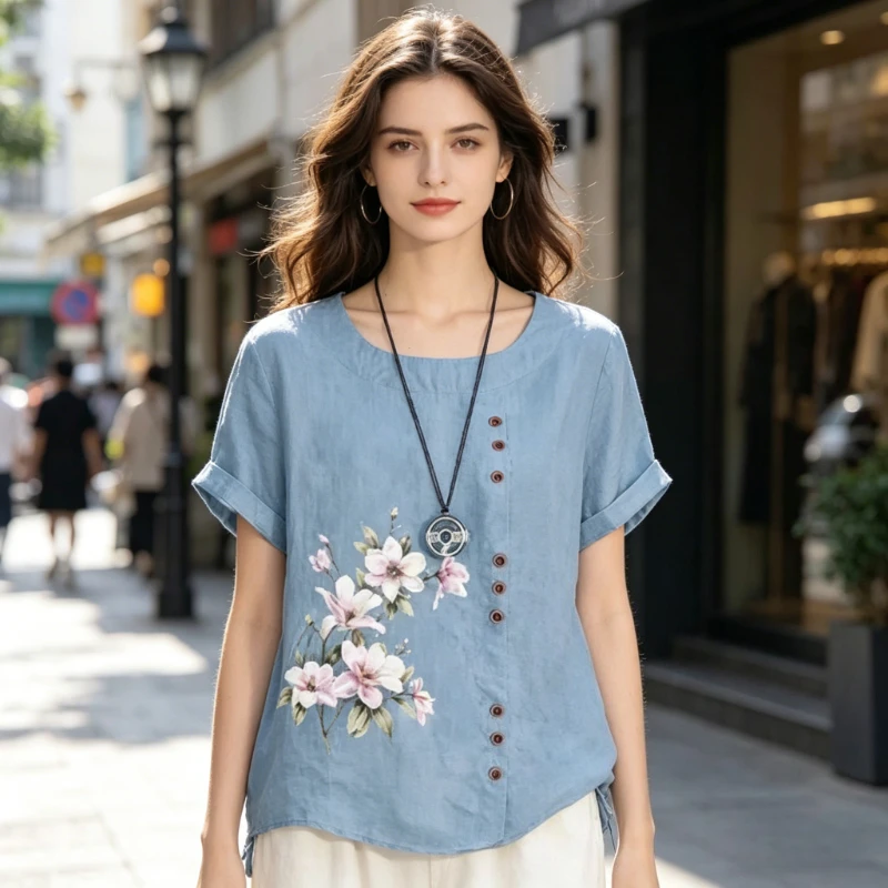 New 2026 Summer Crew Neck Flower Women's Large Size T-Shirt Elegant Button Decoration Loose Casual Women's Short Sleeve Top
New 2026 Summer Crew Neck Flower Women's Large Size T-Shirt Elegant Button Decoration Loose Casual Women's Short Sleeve Top