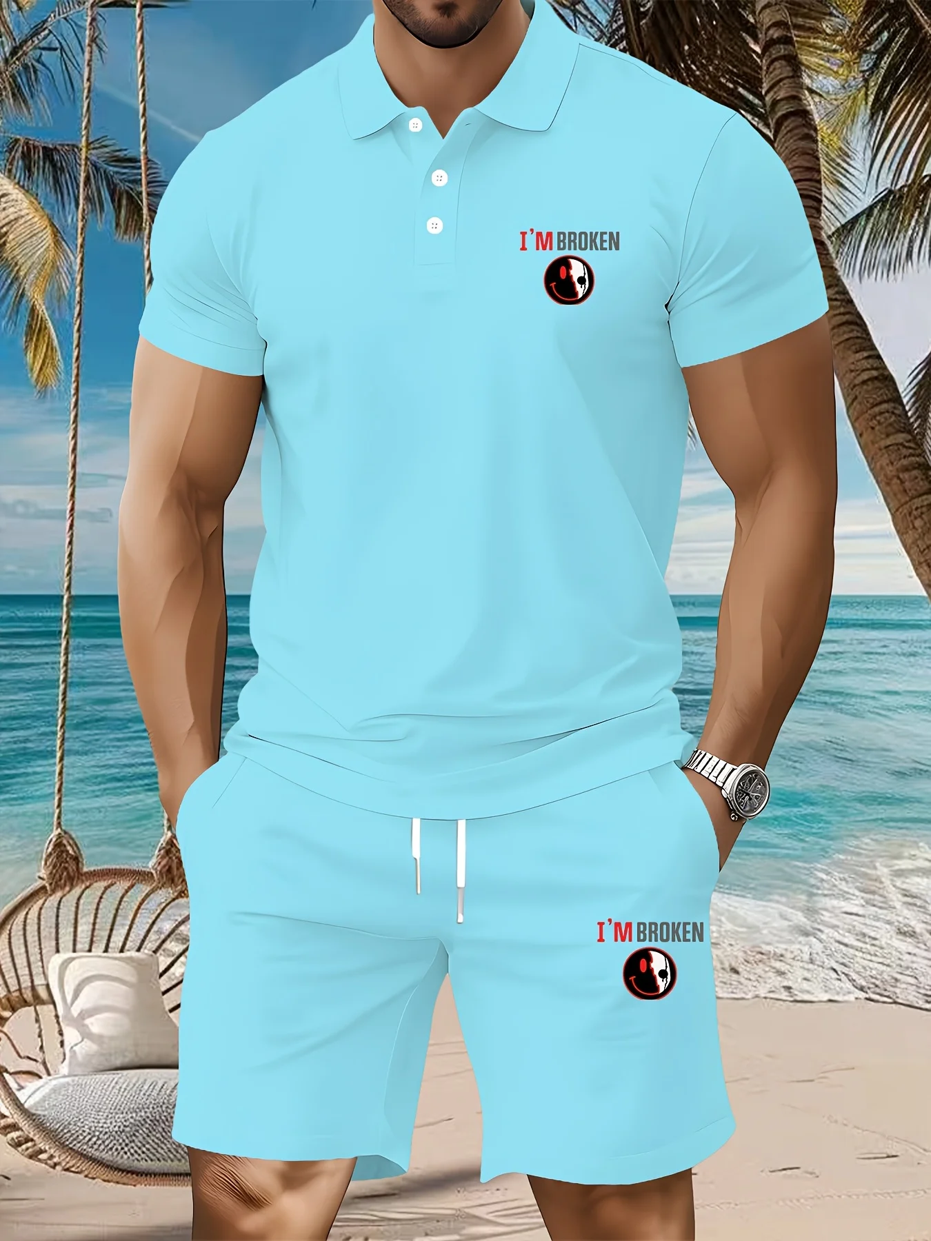 Men's Sky Blue I'MBROKEN Damaged Smiling Face Printed Polo Shirt and Drawstring Shorts Summer Casual Sports Set
Men's Sky Blue I'MBROKEN Damaged Smiling Face Printed Polo Shirt and Drawstring Shorts Summer Casual Sports Set