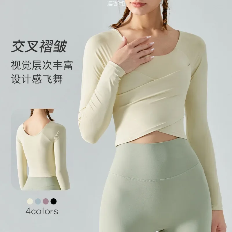 Yoga clothes, tops with chest pads, thin, cross-pleated, slim, long-sleeved sports and fitness clothes, women's
Yoga clothes, tops with chest pads, thin, cross-pleated, slim, long-sleeved sports and fitness clothes, women's