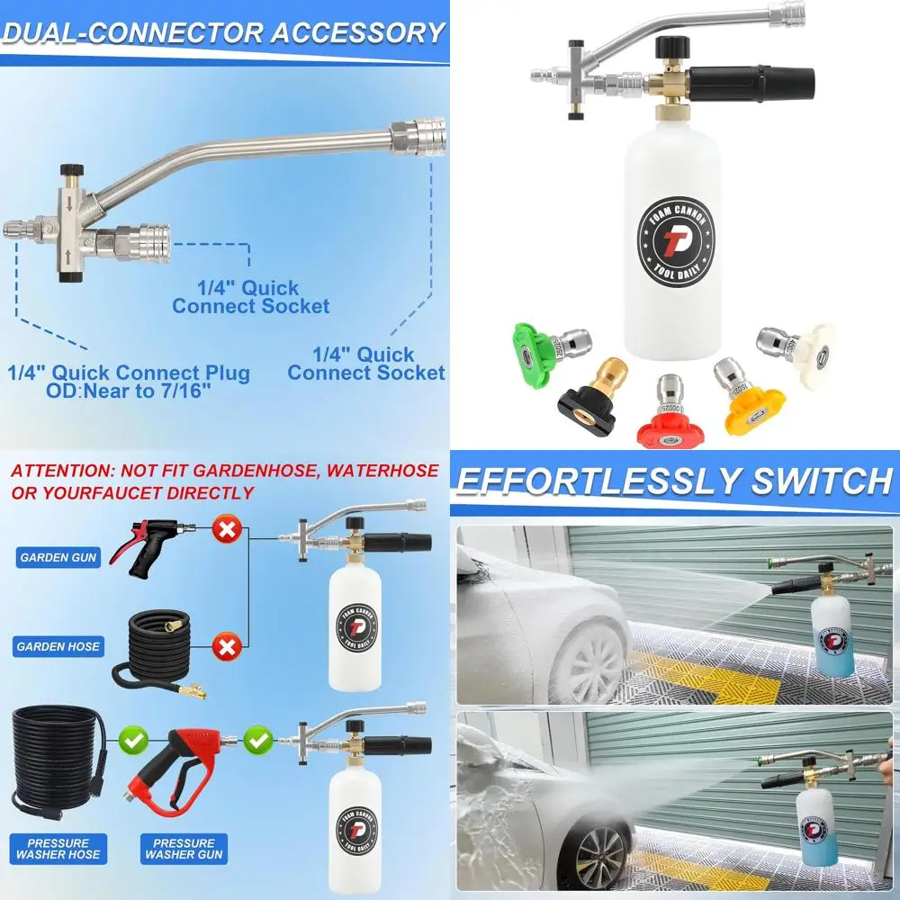 Foam Cannon with Dual Connector Accessory, 1/4 Inch Quick Connector, 5 Pressure Washer Nozzle Tips, 1 Liter
Foam Cannon with Dual Connector Accessory, 1/4 Inch Quick Connector, 5 Pressure Washer Nozzle Tips, 1 Liter