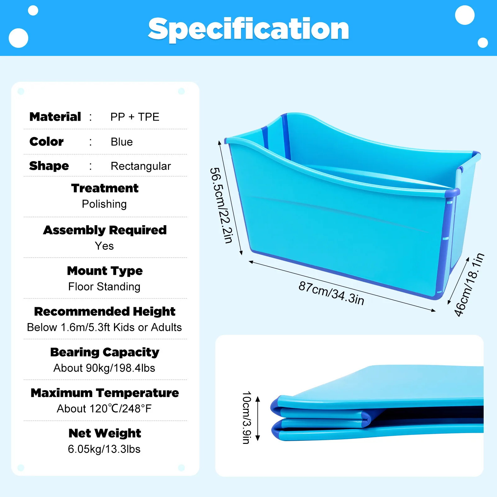PP TPE Freestanding Large Foldable Bath Tub Bathtub Blue Folding Bathtub W/ DrainPipe Capacity 90kg for RVs Showers Hotels Blue
PP TPE Freestanding Large Foldable Bath Tub Bathtub Blue Folding Bathtub W/ DrainPipe Capacity 90kg for RVs Showers Hotels Blue