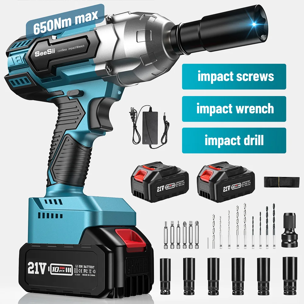 Seesii Cordless Impact Wrench 650N.m Torque Brushless Electric Wrench Power Tools with Sockets for Car Tire disassembly Home DIY
Seesii Cordless Impact Wrench 650N.m Torque Brushless Electric Wrench Power Tools with Sockets for Car Tire disassembly Home DIY