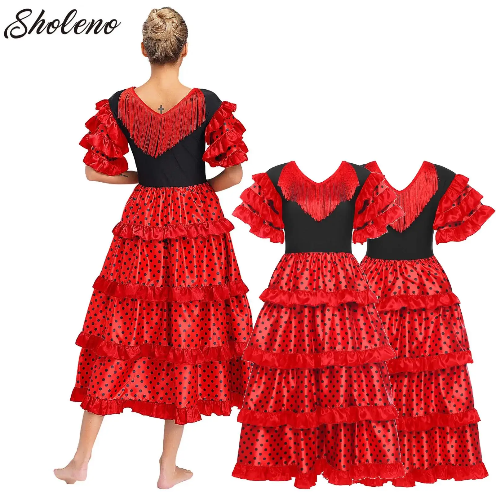 Women Flamenco Dance Performance Costume Tassels Short Sleeve Tiered Ruffles Color Block Dots Dress Stage Waltz Ballroom Dress
Women Flamenco Dance Performance Costume Tassels Short Sleeve Tiered Ruffles Color Block Dots Dress Stage Waltz Ballroom Dress