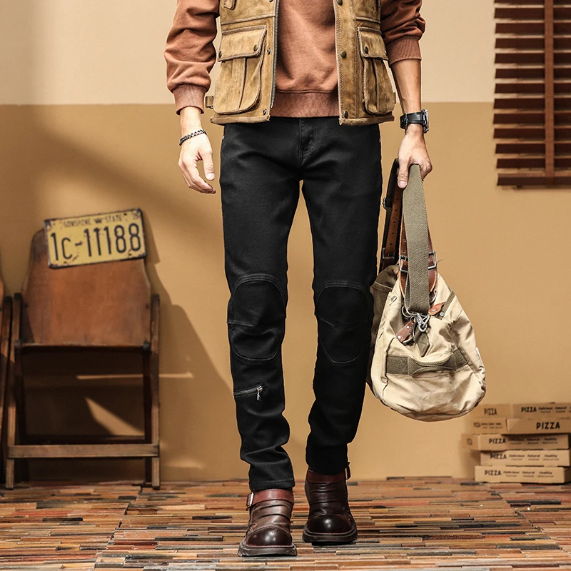 Motorcycle new European and American jeans men's fashionable retro patchwork pants slim fit small leg pants black jeans
Motorcycle new European and American jeans men's fashionable retro patchwork pants slim fit small leg pants black jeans
