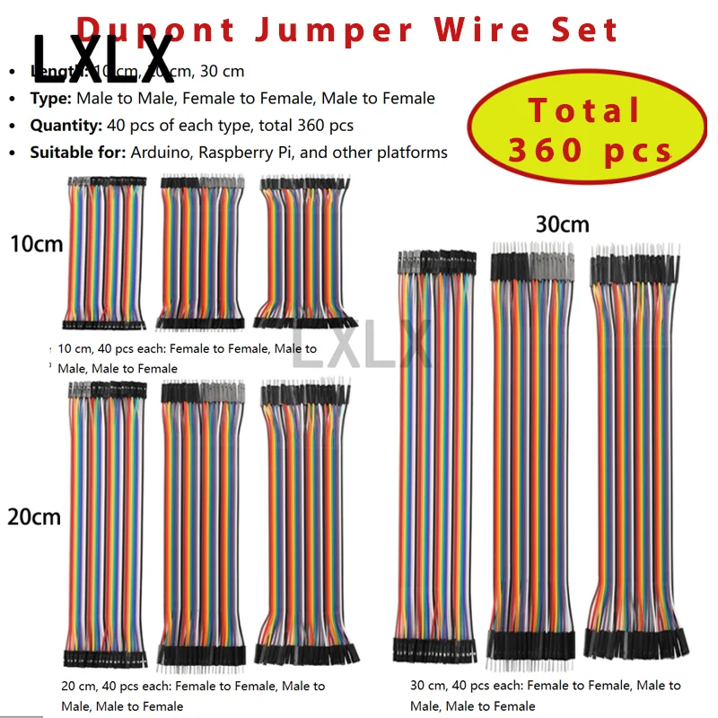 360pcs Dupont Jumper Wire Kit 10cm 20cm 30cm Male to Male Female to Female Male to Female for Arduino Raspberry Pi
360pcs Dupont Jumper Wire Kit 10cm 20cm 30cm Male to Male Female to Female Male to Female for Arduino Raspberry Pi