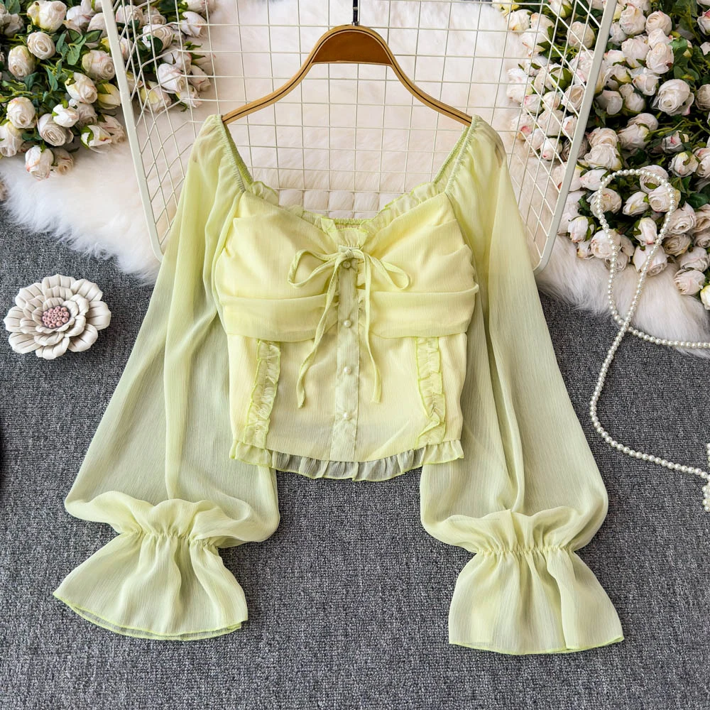 French Thin Chiffon Blouses for Women Spring Summer Fashion Long Sleeve Shirt with Chest Pad Slim Fit Women's Short Tops
French Thin Chiffon Blouses for Women Spring Summer Fashion Long Sleeve Shirt with Chest Pad Slim Fit Women's Short Tops