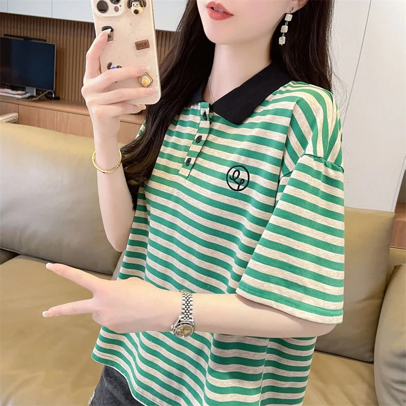 Collar Color Block Stripe Short Sleeve T Shirt Women Summer New Korean Loose Fit Half Sleeve Short Length Top
Collar Color Block Stripe Short Sleeve T Shirt Women Summer New Korean Loose Fit Half Sleeve Short Length Top