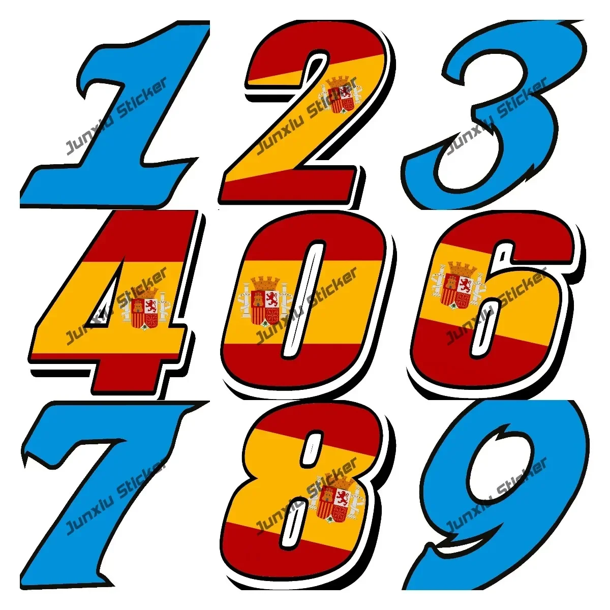 Spanish Number with Flag Stickers High Quality Popular Blue Art Number Decal 0-9 Decals for Cars Motocross Racing Cover Scratche
Spanish Number with Flag Stickers High Quality Popular Blue Art Number Decal 0-9 Decals for Cars Motocross Racing Cover Scratche