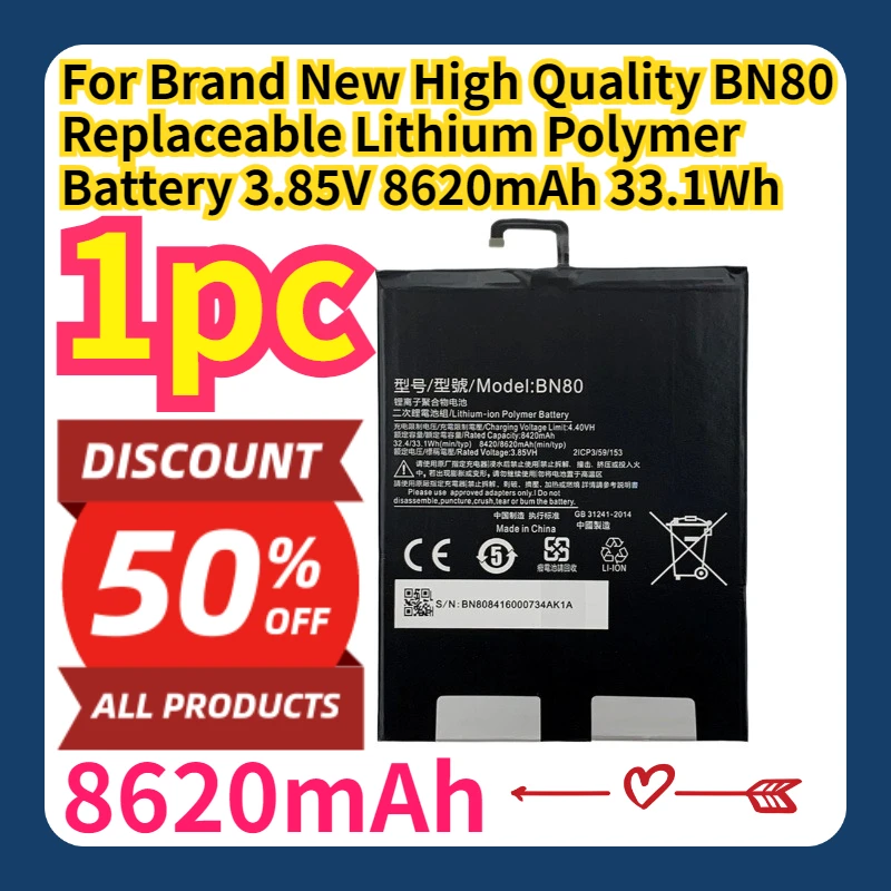 For Brand New High Quality BN80 Replaceable Lithium Polymer Battery 3.85V 8620mAh 33.1Wh
For Brand New High Quality BN80 Replaceable Lithium Polymer Battery 3.85V 8620mAh 33.1Wh