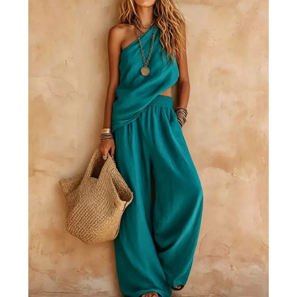Sexy Off Shoulder Sleeveless Top + Wide-leg Trousers Women's 2-piece Summer Fashion Cotton Linen Pocket Trousers Female Set 2026
Sexy Off Shoulder Sleeveless Top + Wide-leg Trousers Women's 2-piece Summer Fashion Cotton Linen Pocket Trousers Female Set 2026