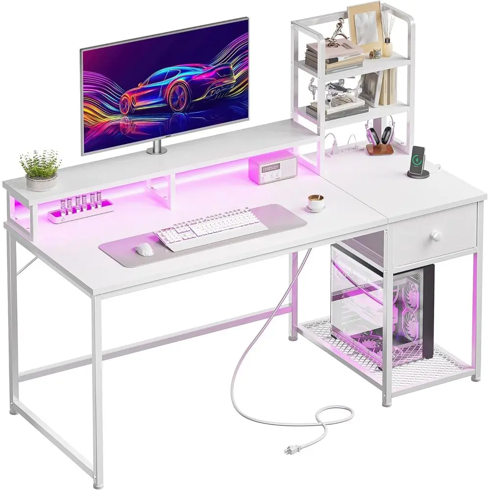 44 White Computer Desk with Drawers, Hutch, USB Outlets, and LED Lights for Home Office or Gaming
44 White Computer Desk with Drawers, Hutch, USB Outlets, and LED Lights for Home Office or Gaming