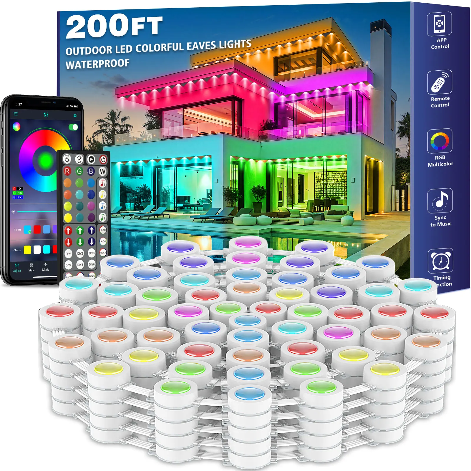 60M & 200FT Permanent Outdoor LED Eaves Lights RGB Waterproof Smart String Lights App Remote Control Color Changing Lamp for House Roof Garden Christmas Holiday Party Daily Accent Lighting
60M & 200FT Permanent Outdoor LED Eaves Lights RGB Waterproof Smart String Lights App Remote Control Color Changing Lamp for House Roof Garden Christmas Holiday Party Daily Accent Lighting