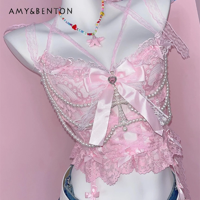 Original Design Pink Y2K Hot Girl Sexy Women's Camisole Summer New Pearl Sweet Lace Hollw Out Bow Subculture Sling Vest Ladies 
Original Design Pink Y2K Hot Girl Sexy Women's Camisole Summer New Pearl Sweet Lace Hollw Out Bow Subculture Sling Vest Ladies