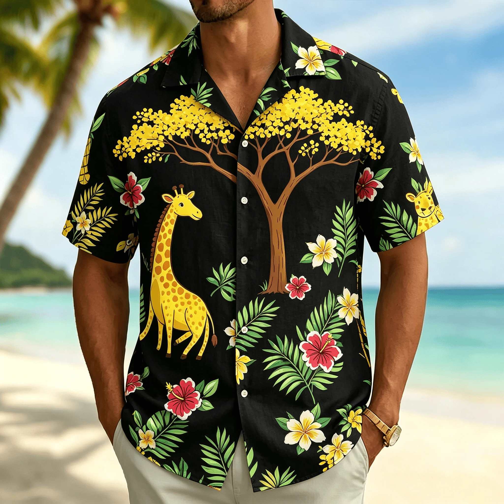 Men's Black Cartoon Print Short Sleeve Shirt, Casual Hawaiian Button Down Top with Tropical Tree & Flower for Spring & Summer
Men's Black Cartoon Print Short Sleeve Shirt, Casual Hawaiian Button Down Top with Tropical Tree & Flower for Spring & Summer