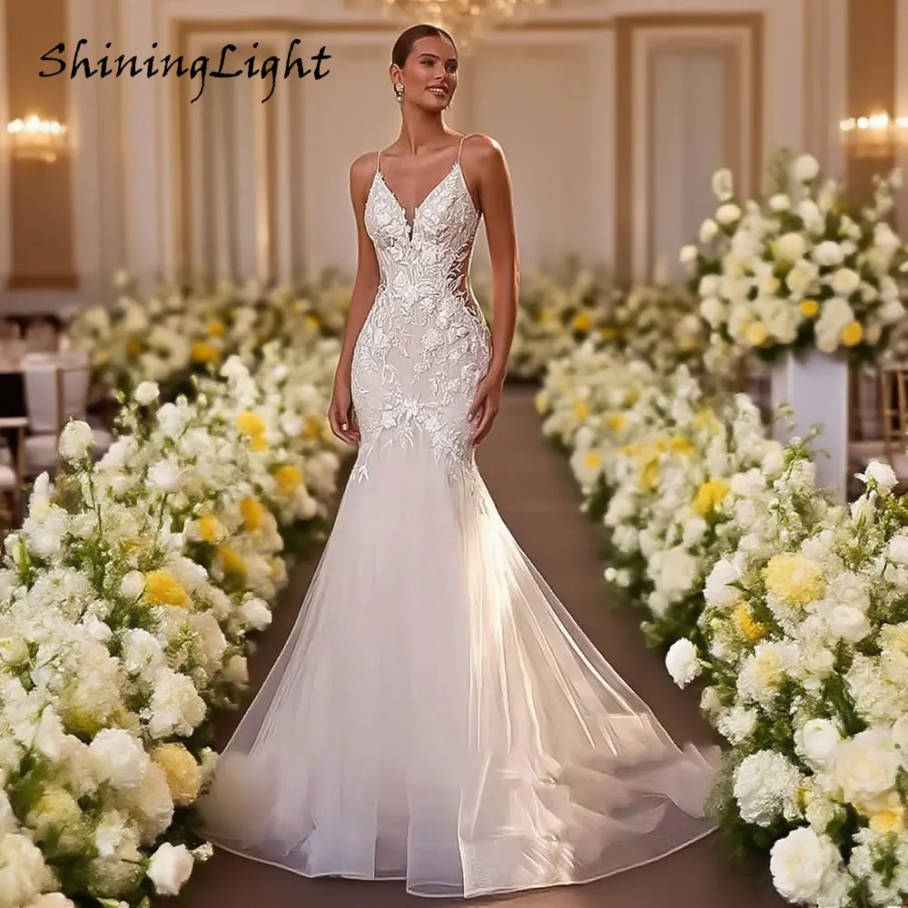 ShiningLight White Lace Appliques Wedding Dress Spaghetti Straps V-neck Mermaid Bridal Gowns Vestidos De Noiva Customized
ShiningLight White Lace Appliques Wedding Dress Spaghetti Straps V-neck Mermaid Bridal Gowns Vestidos De Noiva Customized