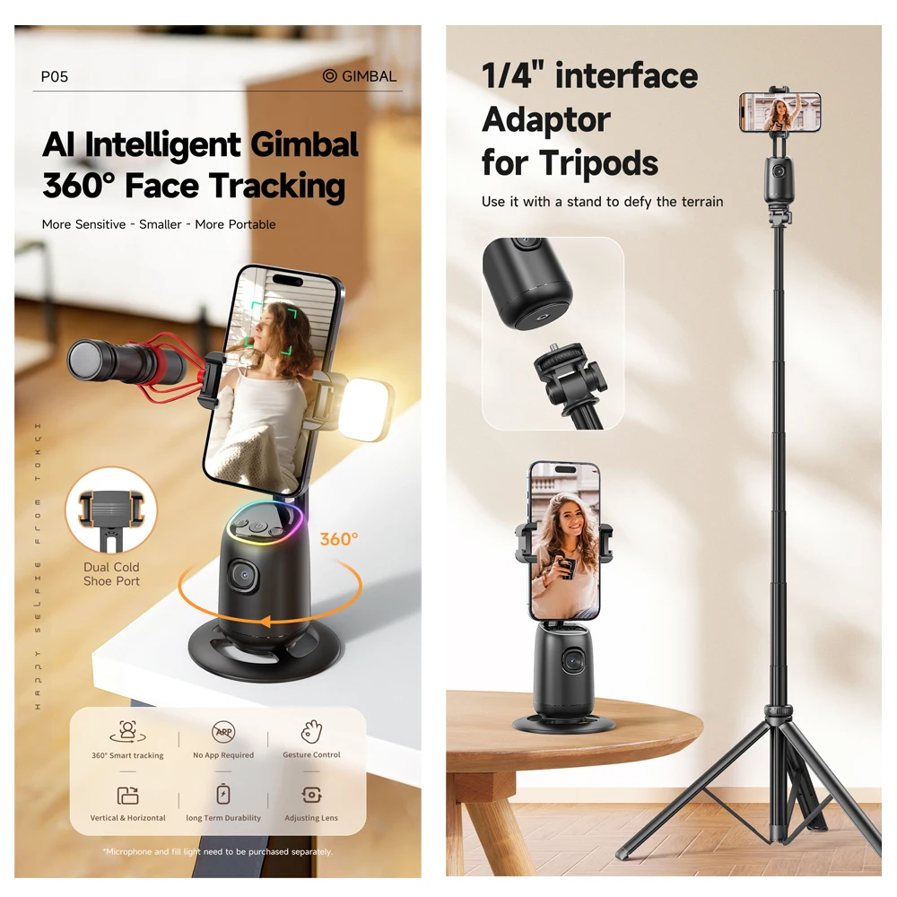 AI Smart Gimbal 360° Auto Follow-Up Face Tracking Gimbal All-in-one Phone Holder For smartphone video Live Stabilizer Tripod
AI Smart Gimbal 360° Auto Follow-Up Face Tracking Gimbal All-in-one Phone Holder For smartphone video Live Stabilizer Tripod