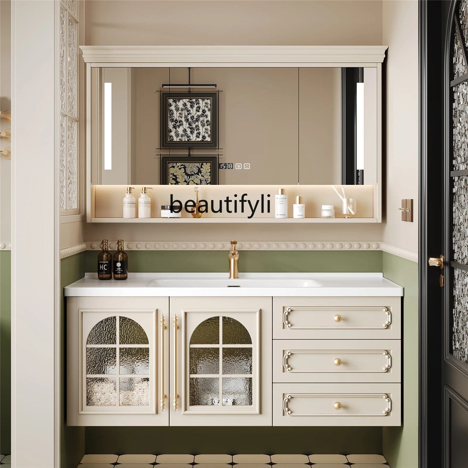 French retro oak bathroom cabinet combination, integrated basin, face wash cabinet combination
French retro oak bathroom cabinet combination, integrated basin, face wash cabinet combination