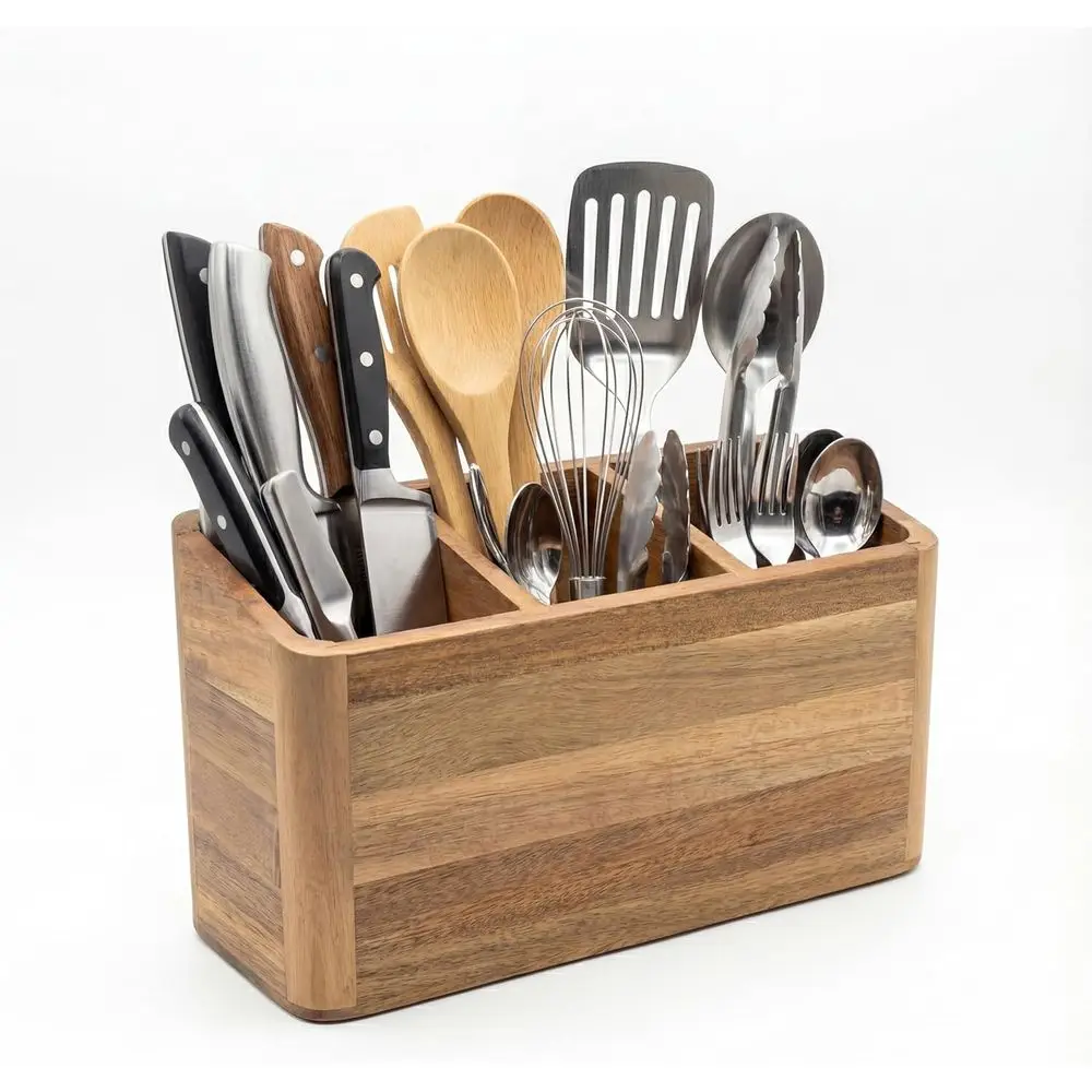 Extra Large Acacia Wood Kitchen Utensil Organizer with 3 Sections for Countertop Storage and Silverware
Extra Large Acacia Wood Kitchen Utensil Organizer with 3 Sections for Countertop Storage and Silverware