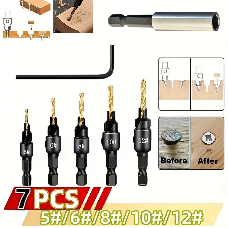 7pcs Countersunk Drill Bit Extension Rod Set Woodworking Chamfer Drill Pliot Hole Cutter Hex Shank Hole Drill Drilling Tools Set
7pcs Countersunk Drill Bit Extension Rod Set Woodworking Chamfer Drill Pliot Hole Cutter Hex Shank Hole Drill Drilling Tools Set
