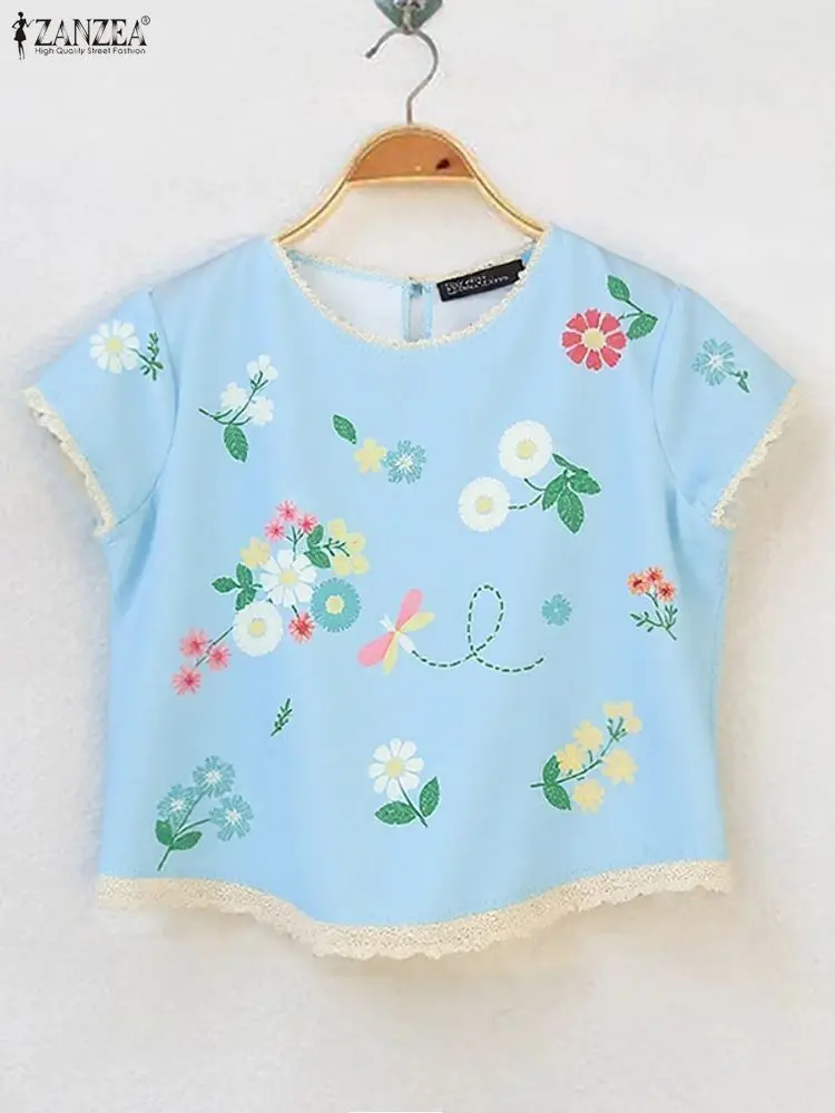 ZANZEA богемная блузка с цветочным принтом, женские летние модные топы с короткими рукавами, 2025 г., повседневные свободные кружевные рубашки с круглым вырезом, корейские блузки 
ZANZEA богемная блузка с цветочным принтом, женские летние модные топы с короткими рукавами, 2025 г., повседневные свободные кружевные рубашки с круглым вырезом, корейские блузки