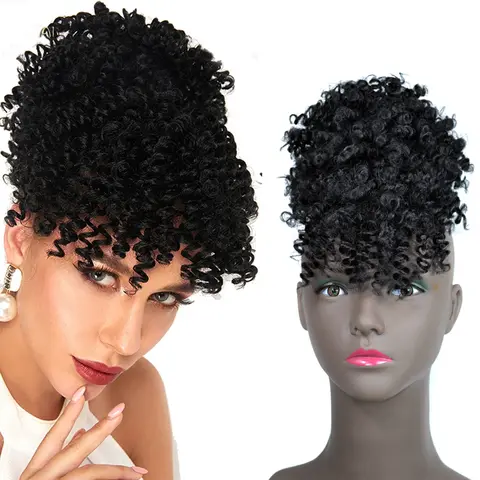 Synthetic Afro Puff Hair Bun Extensions Drawstring Ponytail With Bangs Short Kinky Curly Pineapple Clip in on Wrap Updo Ponytail