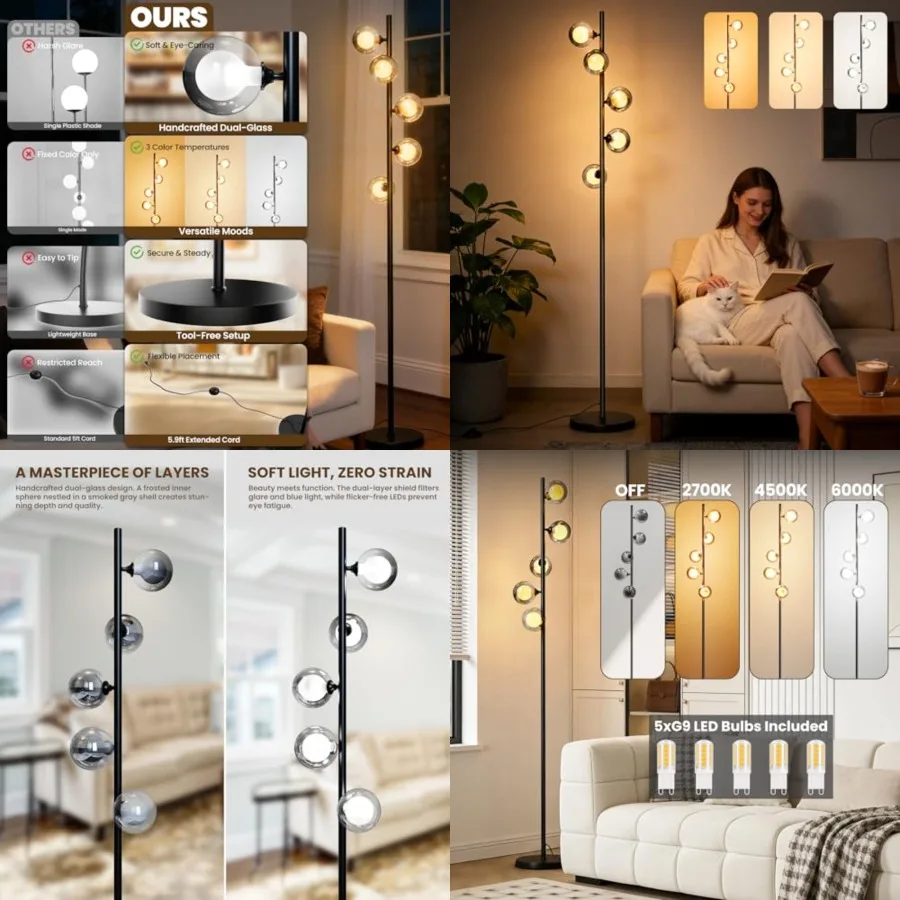 Mid Century Modern Floor Lamp, 5-Light Glass Globe Tall Standing Tree Lamp, Smoked Double-Glass Shades, 3 Color Temp G9 Bulbs I
Mid Century Modern Floor Lamp, 5-Light Glass Globe Tall Standing Tree Lamp, Smoked Double-Glass Shades, 3 Color Temp G9 Bulbs I