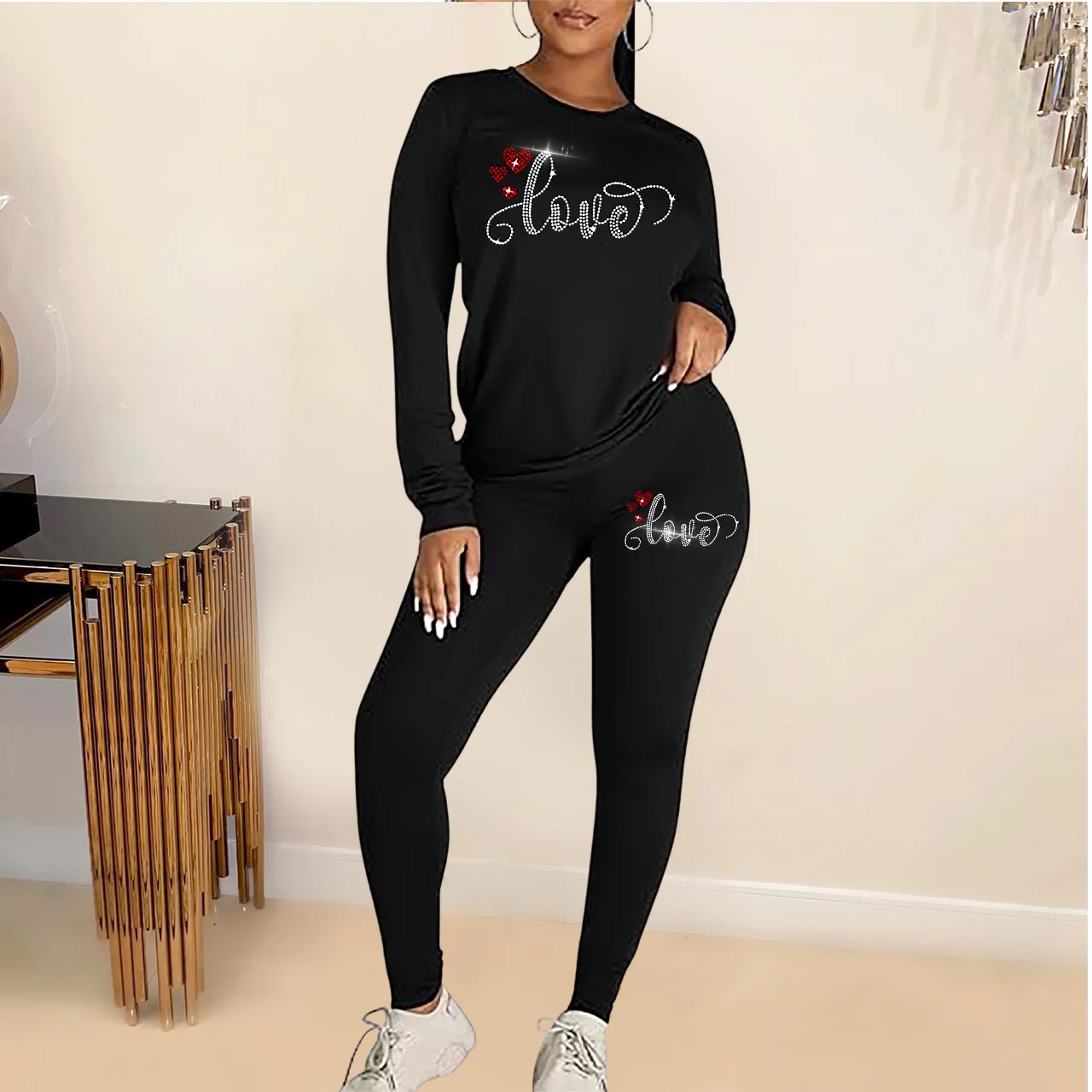 Black Casual Letter Diamond Skinny Pants Two Piece Sets Women Round Neck Long Sleeve Top and Legging Pants Outfits 2024
Black Casual Letter Diamond Skinny Pants Two Piece Sets Women Round Neck Long Sleeve Top and Legging Pants Outfits 2024