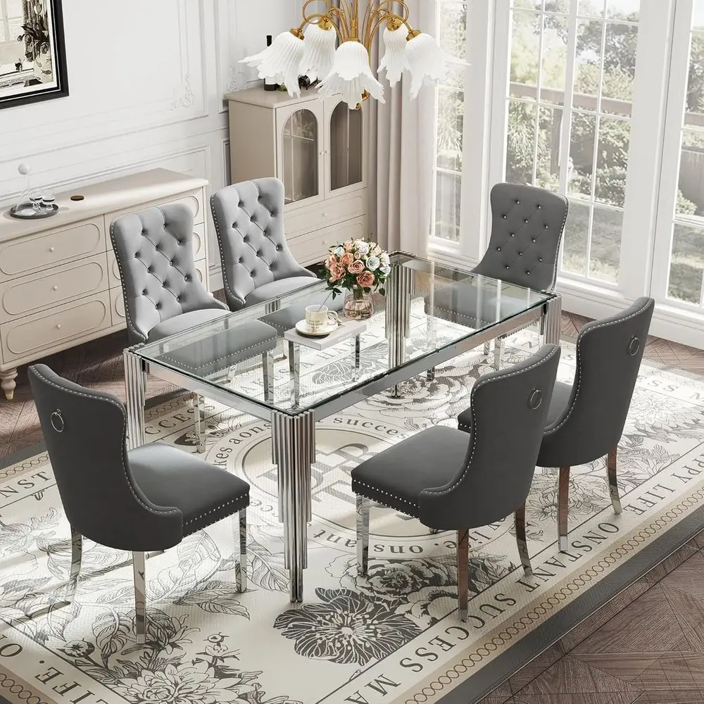 Glass Dining Set for 7 or 65 Kitchen Table with 6 Gray Chairs, Tempered Glass Top, Stainless Steel Legs
Glass Dining Set for 7 or 65 Kitchen Table with 6 Gray Chairs, Tempered Glass Top, Stainless Steel Legs