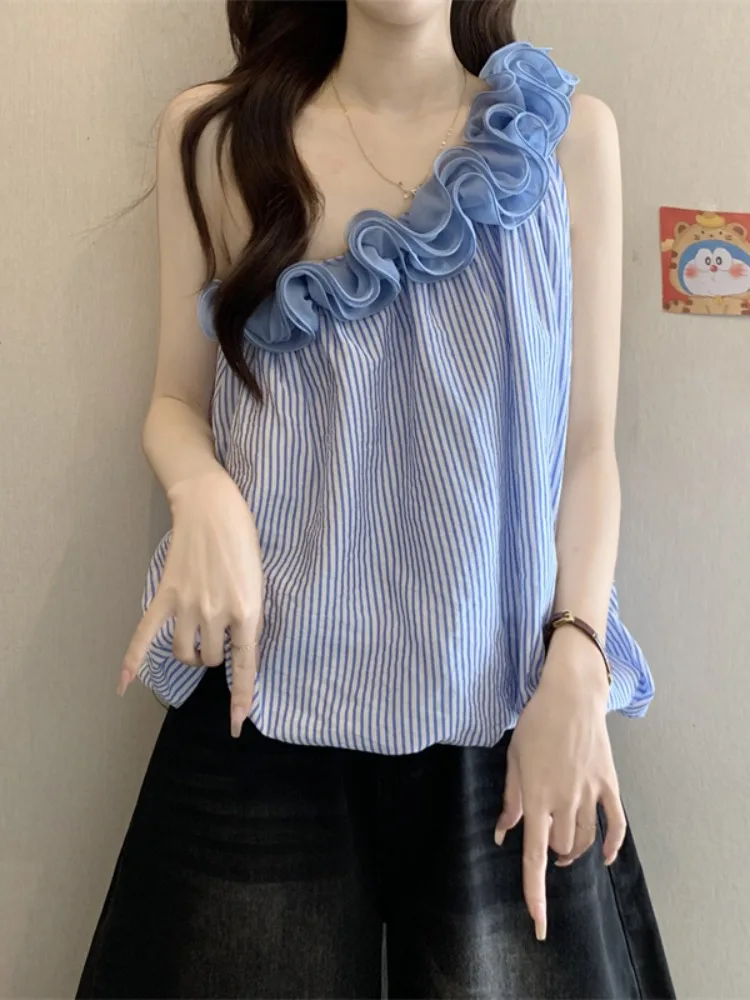 Chic Summer Stripe Shirt Women's New 2026 Off-Shoulder Beautiful Flower Bud Top Korean Style Loose Fit Thin Material No Sleeve
Chic Summer Stripe Shirt Women's New 2026 Off-Shoulder Beautiful Flower Bud Top Korean Style Loose Fit Thin Material No Sleeve