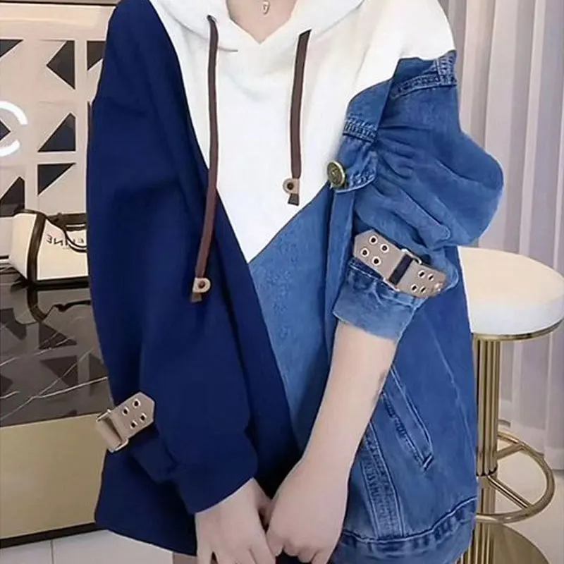 Female Clothing Denim Patchwork Hooded Sweatshirts Stylish Autumn Winter Korean Casual Loose Contrasting Colors Pockets Tops
Female Clothing Denim Patchwork Hooded Sweatshirts Stylish Autumn Winter Korean Casual Loose Contrasting Colors Pockets Tops