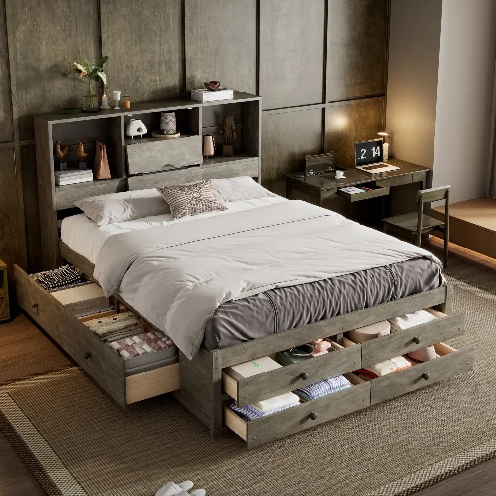 Solid Wood Platform Bed with Storage Shelves, Oversized Bed Frame with Storage Headboard and 8 Drawers, Gray.
Solid Wood Platform Bed with Storage Shelves, Oversized Bed Frame with Storage Headboard and 8 Drawers, Gray.