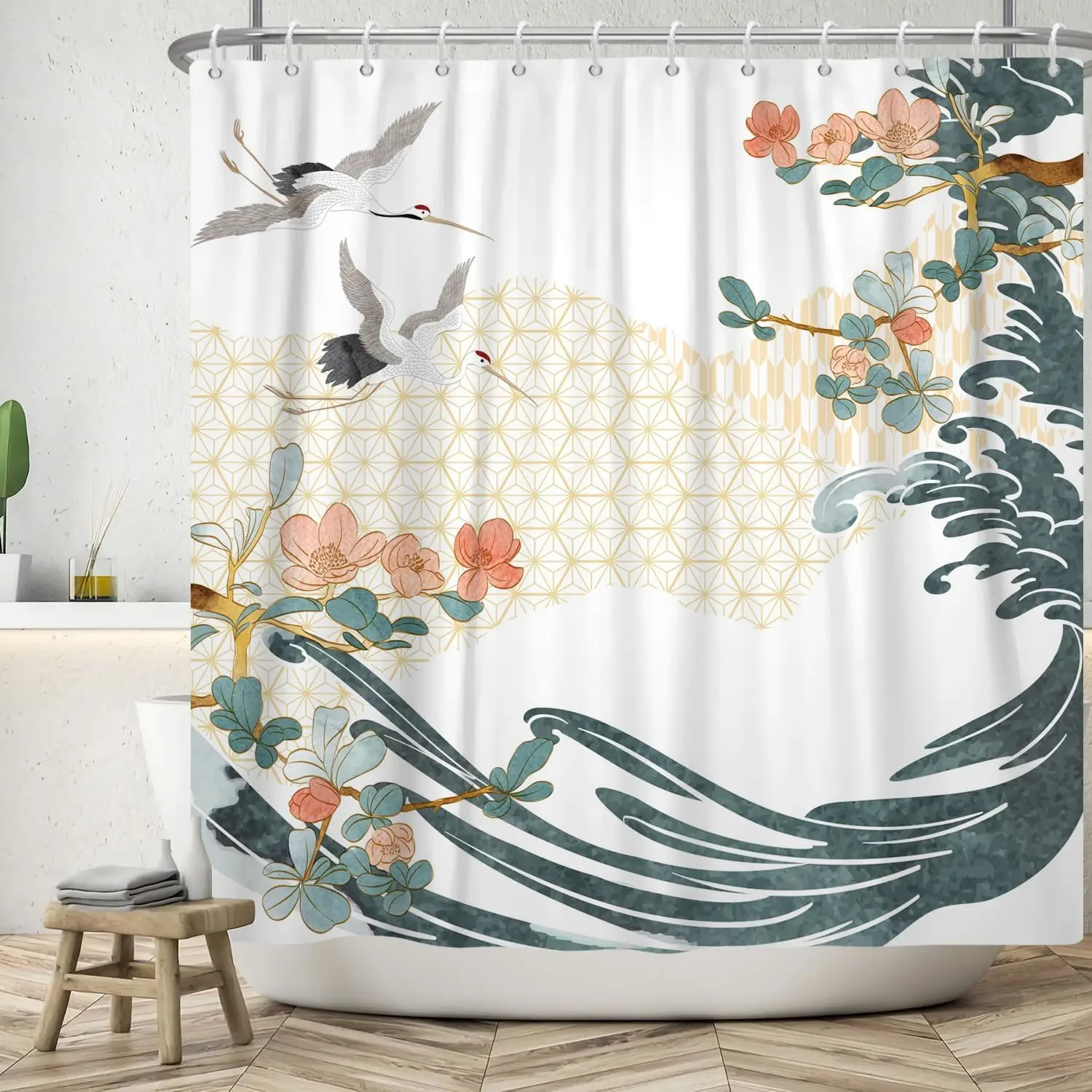 Japanese style plum blossom flying crane wave pattern shower curtain, washable bathroom waterproof shower curtain with 12 hooks
Japanese style plum blossom flying crane wave pattern shower curtain, washable bathroom waterproof shower curtain with 12 hooks
